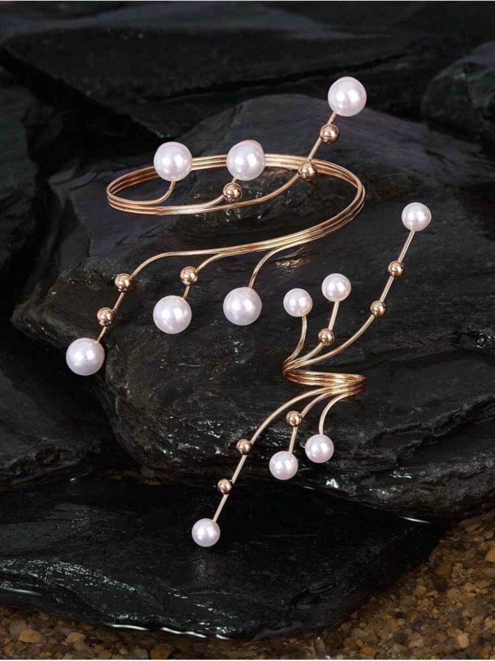 Gold Pearl Spiral Cuff Bracelet & Ring